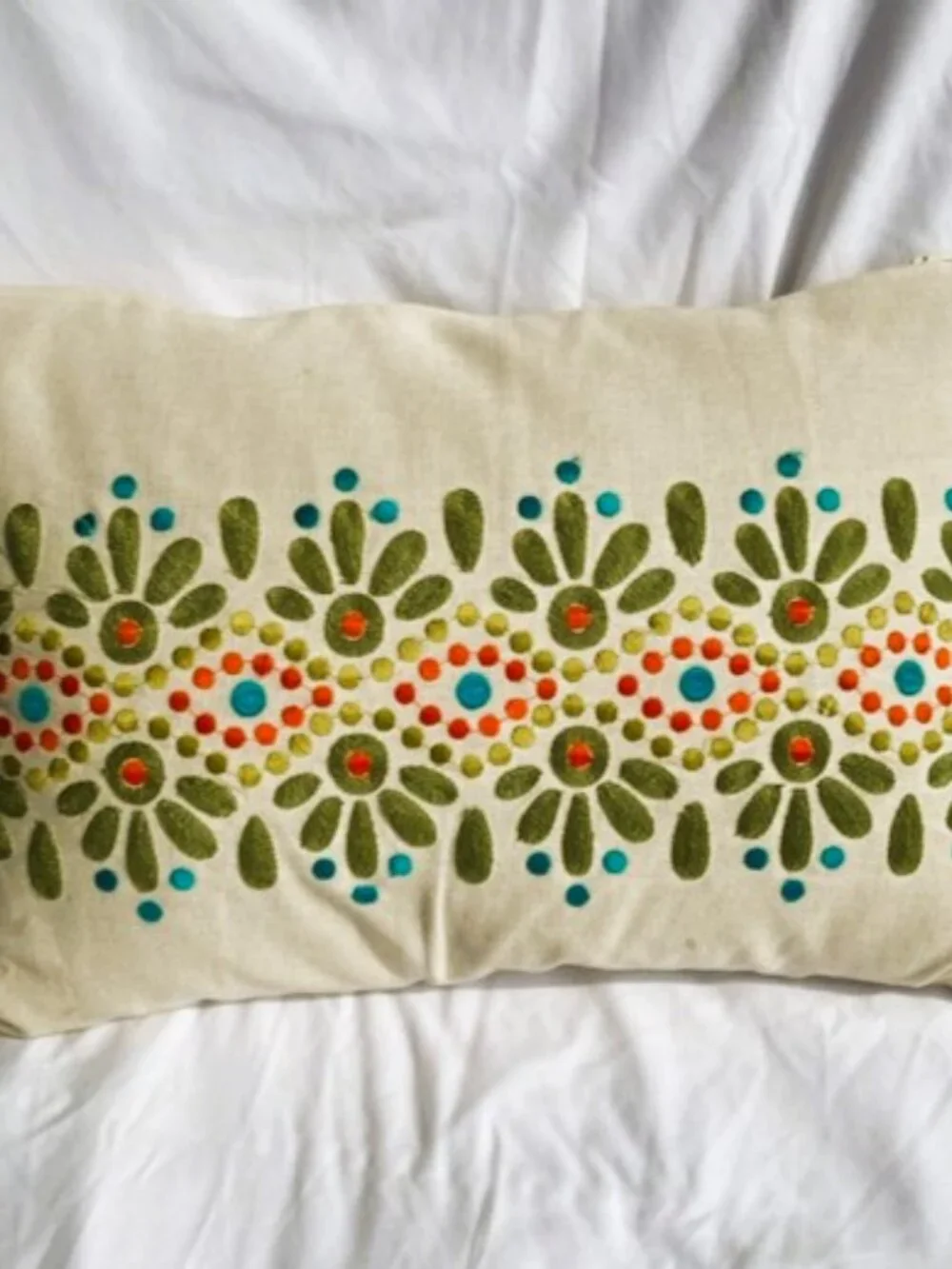 CRATE and  BARREL Embroidered Lumbar Pillow  Boho Linen Cotton 17 x 11 inches